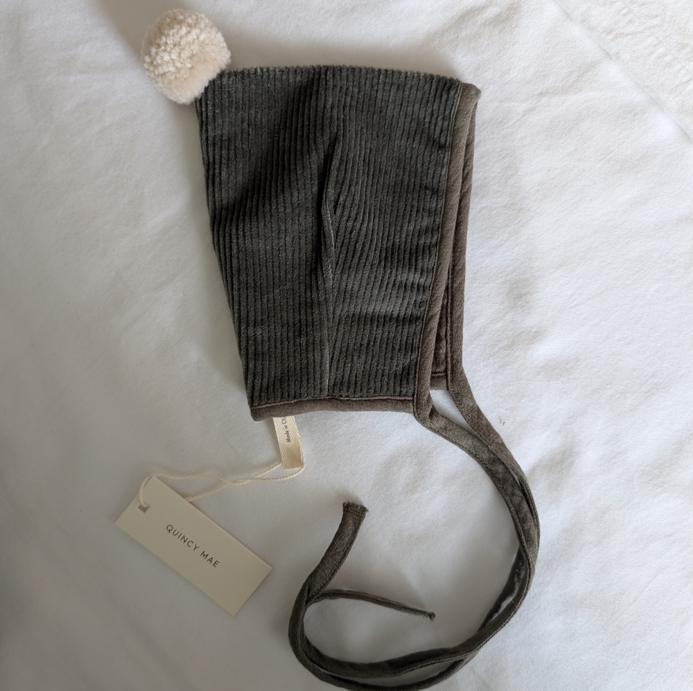 Quincy Mae Green Corduroy Bonnet with Cream Pom Pom